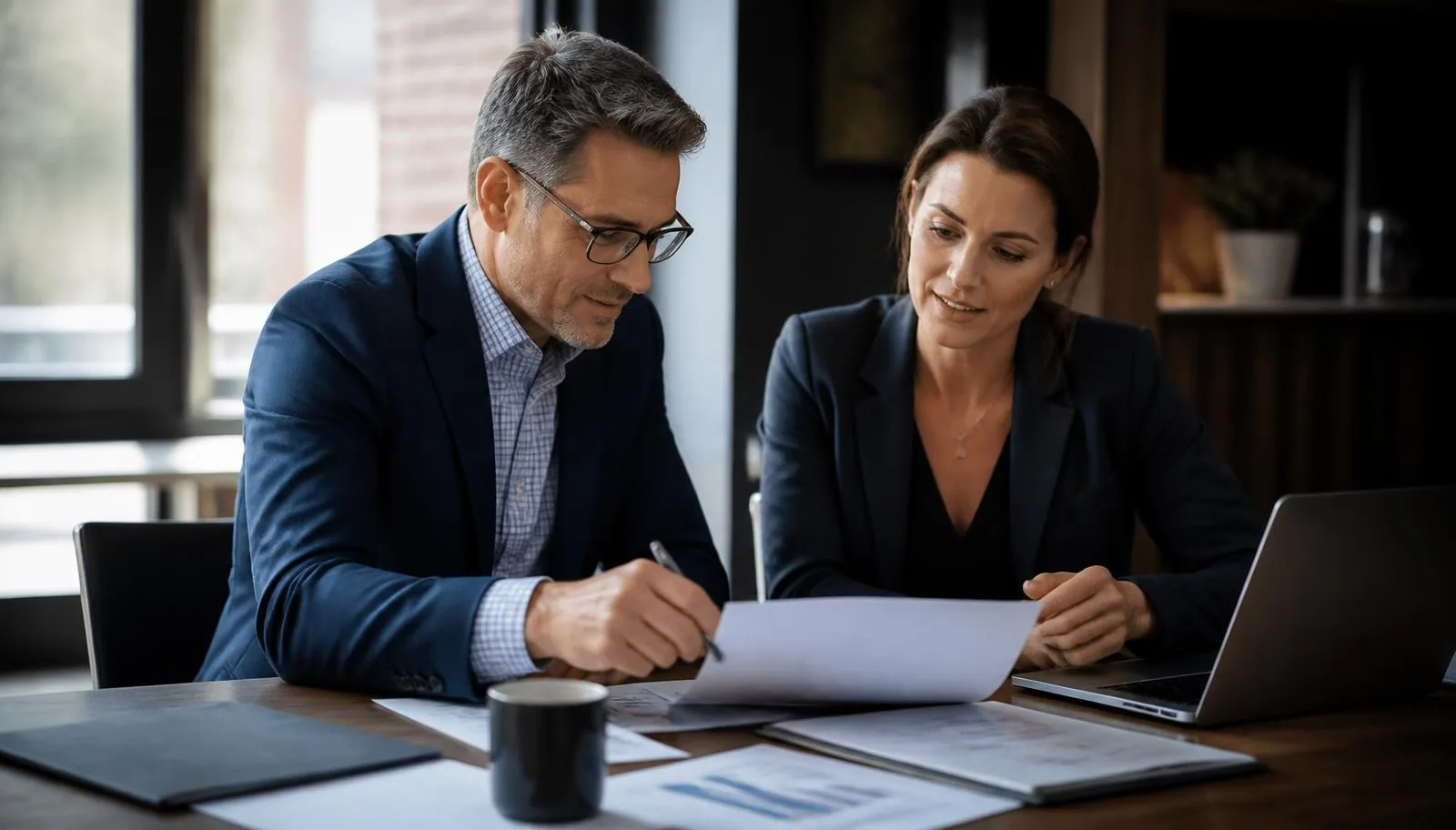 Business development consultants reviewing growth plans in an office